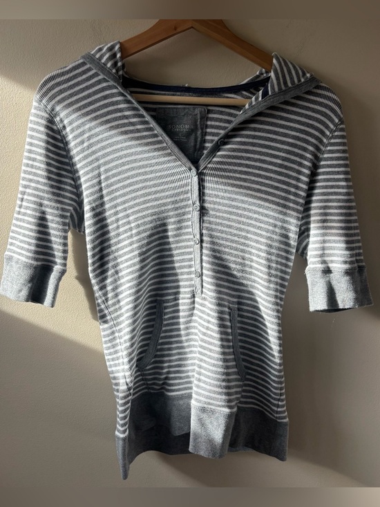 Sonoma Sweaters - Sonoma Gray & White Striped Hooded Henley Sweater